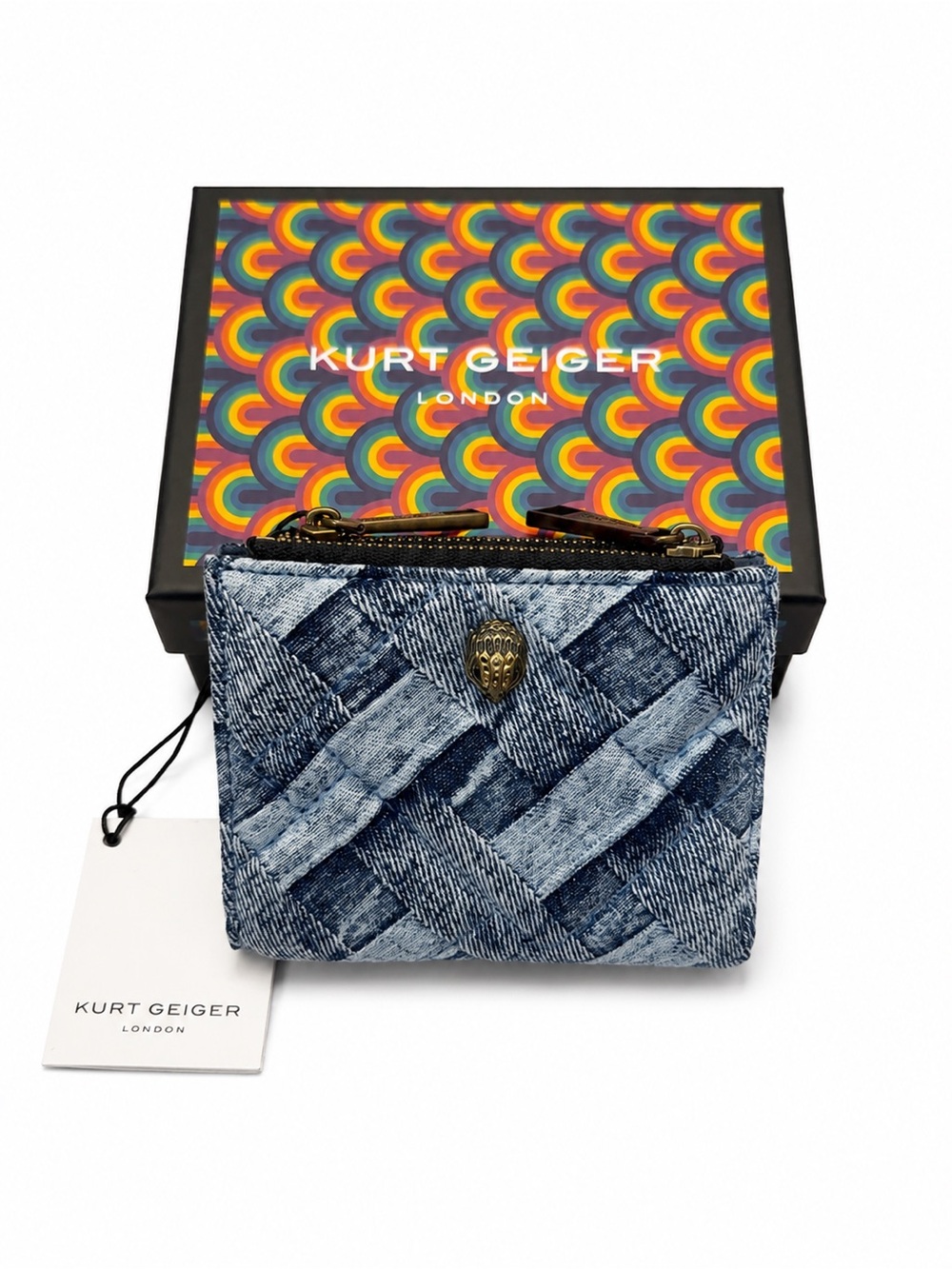 NWT Kurt Geiger London Denim Patchwork Zip Around Card Holder Wallet w/ Box